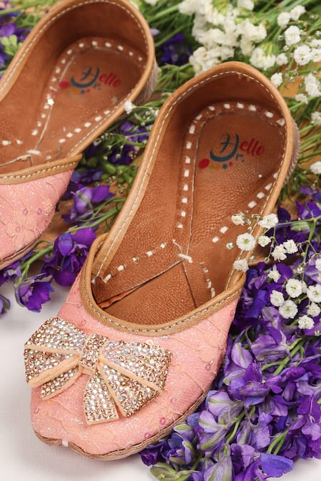 Hello JR_Peach Sassy Swarovski Embellished Juttis_Online_at_Aza_Fashions