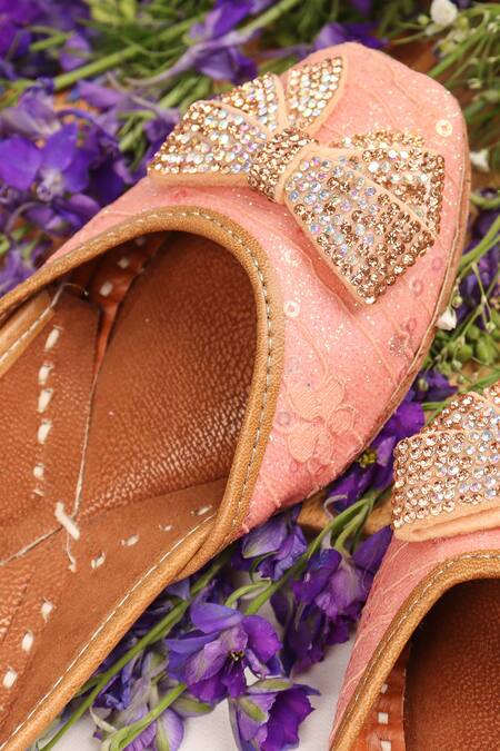 Buy_Hello JR_Peach Sassy Swarovski Embellished Juttis_Online_at_Aza_Fashions