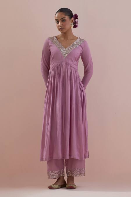 Ikshita Choudhary_Purple Anarkali And Pant Muslin Hand Embroidered Sequin V Neck Set_Online_at_Aza_Fashions