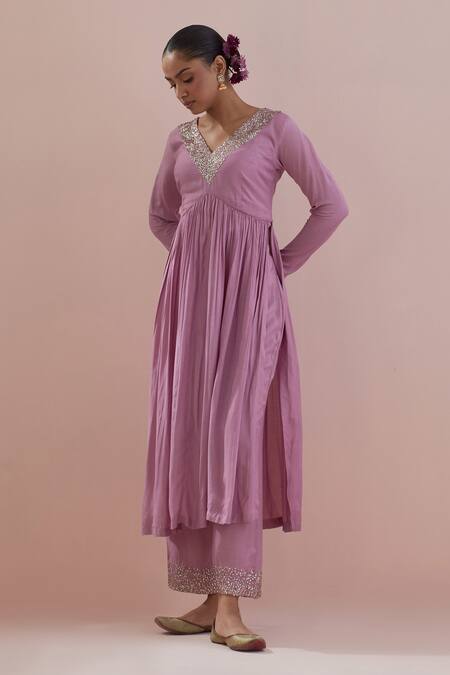 Buy_Ikshita Choudhary_Purple Anarkali And Pant Muslin Hand Embroidered Sequin V Neck Set_Online_at_Aza_Fashions