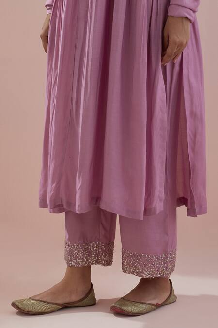 Shop_Ikshita Choudhary_Purple Anarkali And Pant Muslin Hand Embroidered Sequin V Neck Set_Online_at_Aza_Fashions