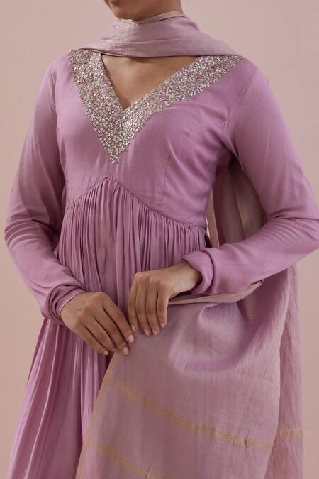 Ikshita Choudhary_Purple Anarkali And Pant Muslin Hand Embroidered Sequin V Neck Set_at_Aza_Fashions
