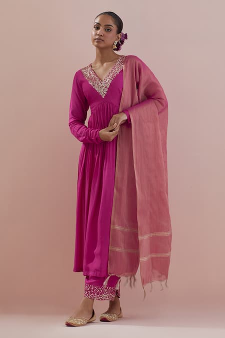 Ikshita Choudhary Pink Anarkali And Pant Muslin Hand Embroidered Sequin V Neck Set 