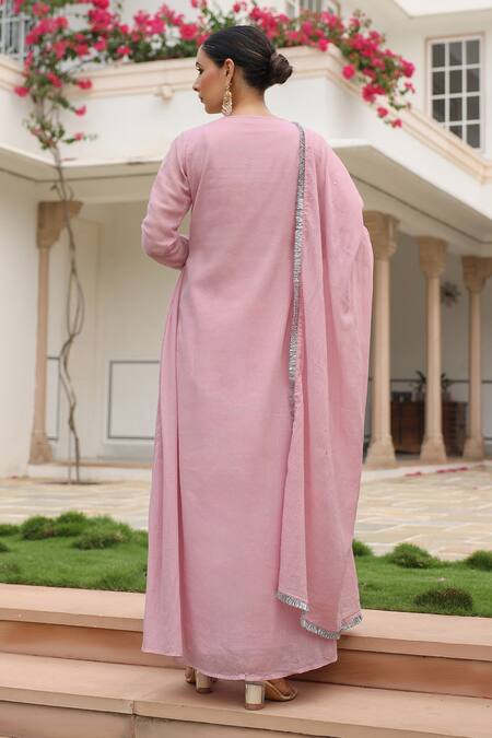 Shop_Pheeta_Pink Mulmul Embroidery Fringe Lace V-neck Geometric Anarkali And Pant Set_at_Aza_Fashions