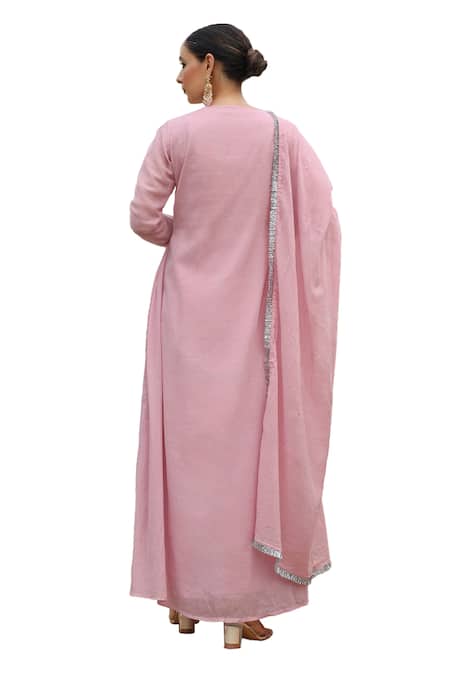 Buy_Pheeta_Pink Mulmul Embroidery Fringe Lace V-neck Geometric Anarkali And Pant Set_Online_at_Aza_Fashions