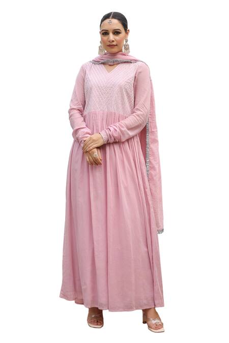 Pheeta_Pink Mulmul Embroidery Fringe Lace V-neck Geometric Anarkali And Pant Set_at_Aza_Fashions