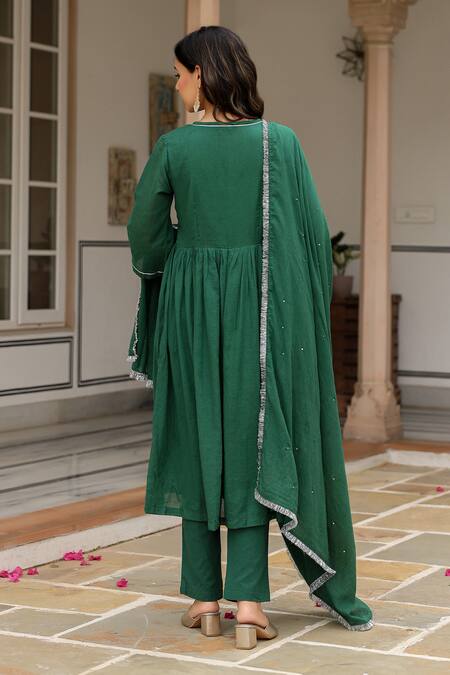 Shop Pheeta Green Mulmul Embroidery Fringe Lace V-neck Solid Gathered Anarkali And Pant Set at Aza Fashions Shop_Pheeta_Green Mulmul Embroidery Fringe Lace V-neck Solid Gathered Anarkali And Pant Set_at_Aza_Fashions