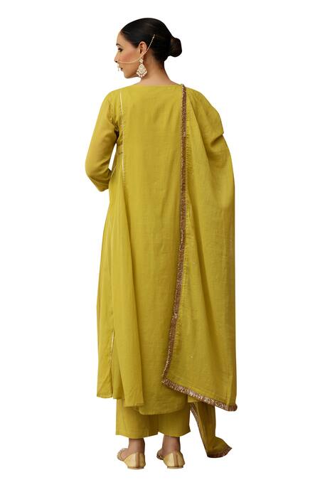 Shop_Pheeta_Yellow Mulmul Embroidery Fringe Lace Round Neck Panelled Anarkali And Pant Set