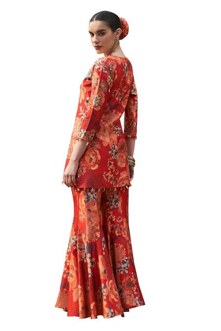 Archana Shah Red Silk Zari, Mirrors, Embroidery Scoop Neck Floral Print Kurta And Sharara Set at Aza Fashions Archana Shah_Red Silk Zari, Mirrors, Embroidery Scoop Neck Floral Print Kurta And Sharara Set _at_Aza_Fashions