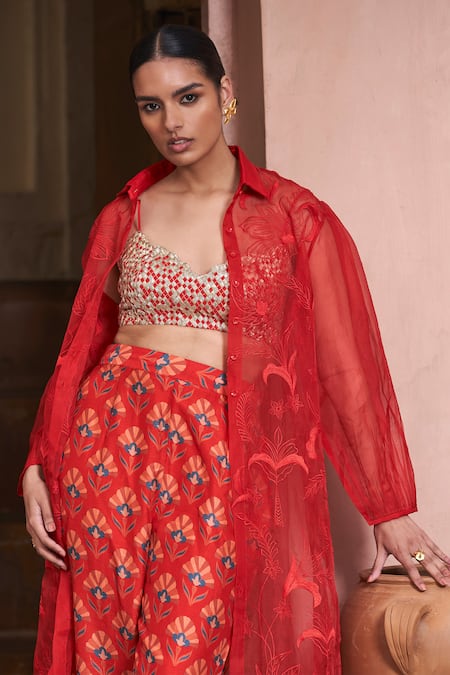 Shop Archana Shah Red Brocade Sequins, Embroidery Sweetheart Neck, Collared Jacket Pant Set at Aza Fashions Shop_Archana Shah_Red Brocade Sequins, Embroidery Sweetheart Neck, Collared Jacket Pant Set _at_Aza_Fashions