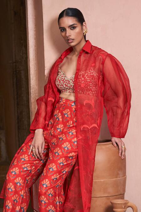 Archana Shah Red Brocade Sequins, Embroidery Sweetheart Neck, Collared Jacket Pant Set Online at Aza Fashions Archana Shah_Red Brocade Sequins, Embroidery Sweetheart Neck, Collared Jacket Pant Set _Online_at_Aza_Fashions