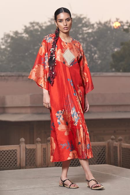 Archana Shah Red Embroidery, Sequins Round Neck Floral Digital Print Kimono Dress