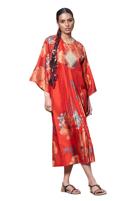 Archana Shah Red Embroidery, Sequins Round Neck Floral Digital Print Kimono Dress Online at Aza Fashions Archana Shah_Red Embroidery, Sequins Round Neck Floral Digital Print Kimono Dress _Online_at_Aza_Fashions