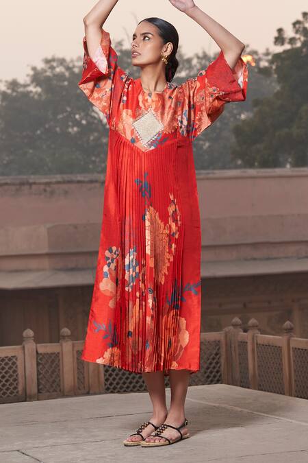 Shop Archana Shah Red Embroidery, Sequins Round Neck Floral Digital Print Kimono Dress Online at Aza Fashions Shop_Archana Shah_Red Embroidery, Sequins Round Neck Floral Digital Print Kimono Dress _Online_at_Aza_Fashions