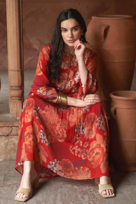 Archana Shah Red Embroidery, Sequins Round Neck Floral Digital Print Kimono Dress at Aza Fashions Archana Shah_Red Embroidery, Sequins Round Neck Floral Digital Print Kimono Dress _at_Aza_Fashions