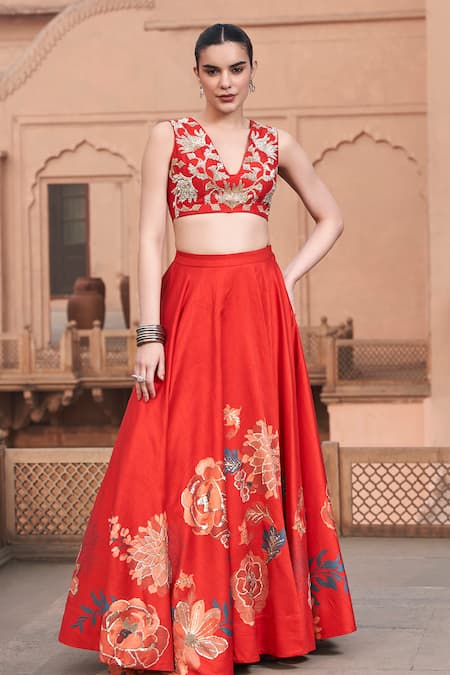 Archana Shah Red Bamboo, Silk Sequins, Zari, Embroidery V-neck Blouse And Lehenga Set 