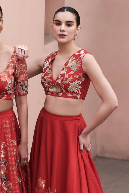 Buy Archana Shah Red Bamboo, Silk Sequins, Zari, Embroidery V-neck Blouse And Lehenga Set Online at Aza Fashions Buy_Archana Shah_Red Bamboo, Silk Sequins, Zari, Embroidery V-neck Blouse And Lehenga Set _Online_at_Aza_Fashions