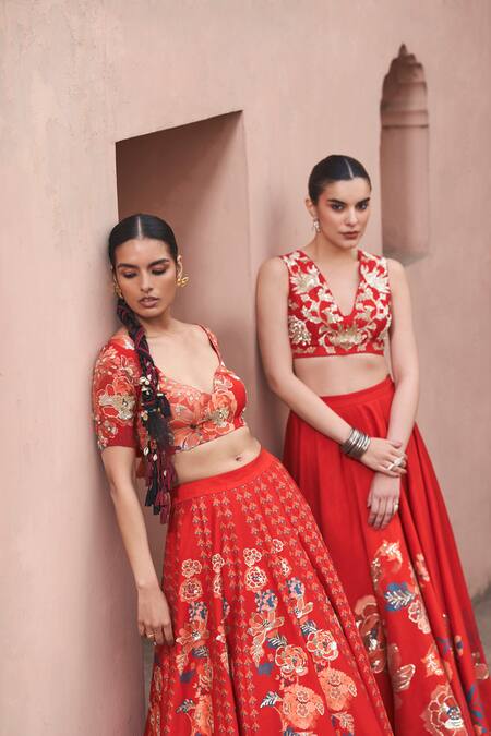 Shop Archana Shah Red Bamboo, Silk Sequins, Zari, Embroidery V-neck Blouse And Lehenga Set Online at Aza Fashions Shop_Archana Shah_Red Bamboo, Silk Sequins, Zari, Embroidery V-neck Blouse And Lehenga Set _Online_at_Aza_Fashions