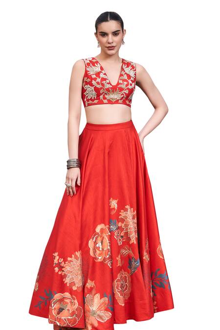 Shop Archana Shah Red Bamboo, Silk Sequins, Zari, Embroidery V-neck Blouse And Lehenga Set Shop_Archana Shah_Red Bamboo, Silk Sequins, Zari, Embroidery V-neck Blouse And Lehenga Set