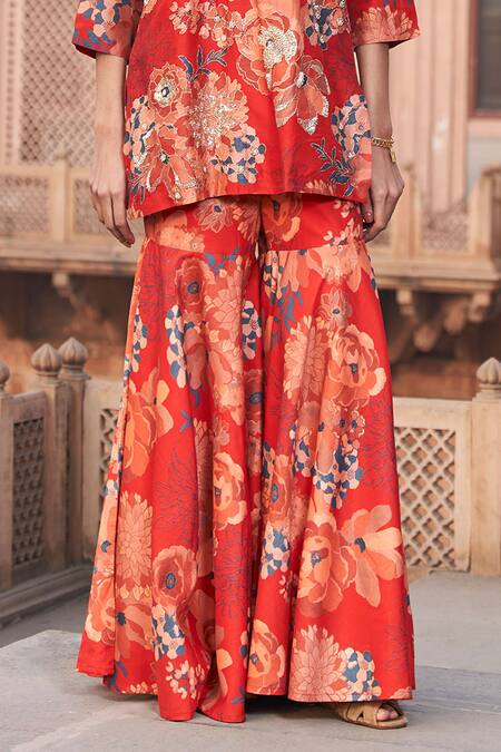 Buy Archana Shah Red Silk Embroidery, Zari, Mirrors Round Neck Floral Pattern Kurta And Sharara Set Online at Aza Fashions Buy_Archana Shah_Red Silk Embroidery, Zari, Mirrors Round Neck Floral Pattern Kurta And Sharara Set _Online_at_Aza_Fashions