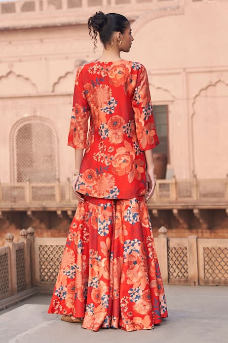 Shop Archana Shah Red Silk Embroidery, Zari, Mirrors Round Neck Floral Pattern Kurta And Sharara Set at Aza Fashions Shop_Archana Shah_Red Silk Embroidery, Zari, Mirrors Round Neck Floral Pattern Kurta And Sharara Set _at_Aza_Fashions