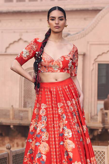 Archana Shah_Red Brocade Sequins, Embroidery Sweetheart Floral Print Blouse And Lehenga Set _Online_at_Aza_Fashions