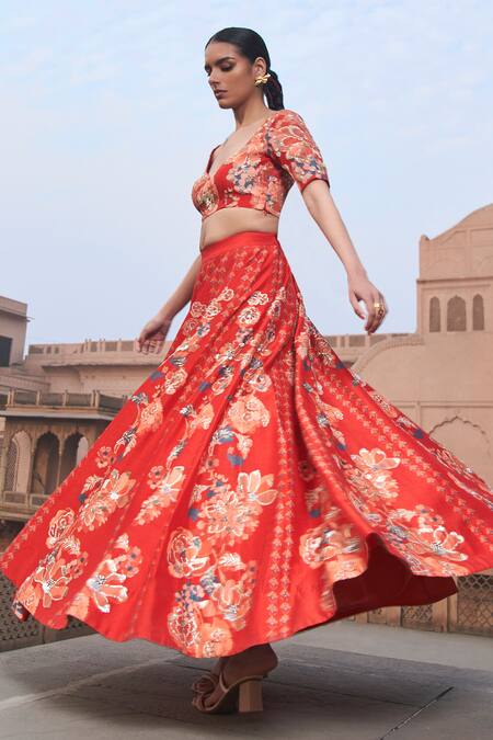 Shop_Archana Shah_Red Brocade Sequins, Embroidery Sweetheart Floral Print Blouse And Lehenga Set _Online_at_Aza_Fashions