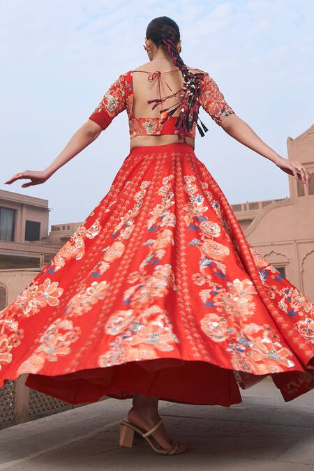 Archana Shah_Red Brocade Sequins, Embroidery Sweetheart Floral Print Blouse And Lehenga Set _at_Aza_Fashions