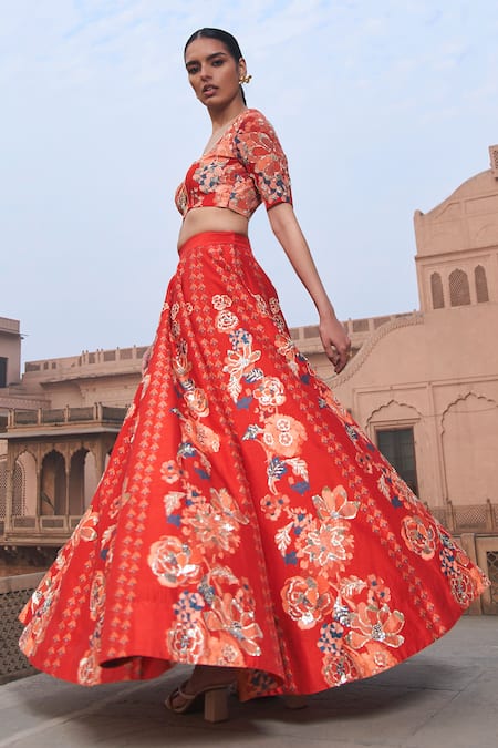 Shop_Archana Shah_Red Brocade Sequins, Embroidery Sweetheart Floral Print Blouse And Lehenga Set 