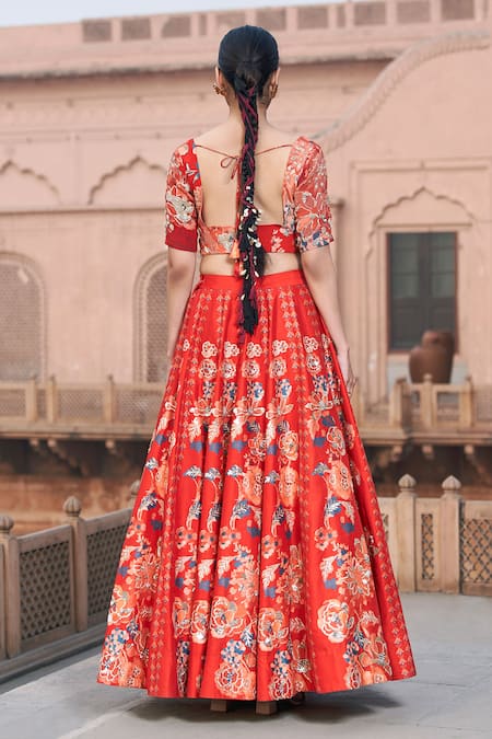 Shop_Archana Shah_Red Brocade Sequins, Embroidery Sweetheart Floral Print Blouse And Lehenga Set _at_Aza_Fashions