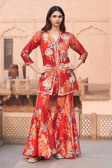 Archana Shah Red Silk Zari, Mirrors, Embroidery V-neck Flower Print Kurta And Sharara Set