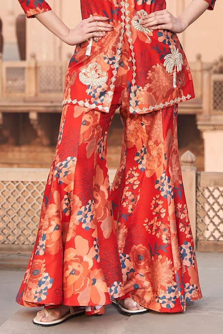 Archana Shah Red Silk Zari, Mirrors, Embroidery V-neck Flower Print Kurta And Sharara Set Online at Aza Fashions Archana Shah_Red Silk Zari, Mirrors, Embroidery V-neck Flower Print Kurta And Sharara Set _Online_at_Aza_Fashions