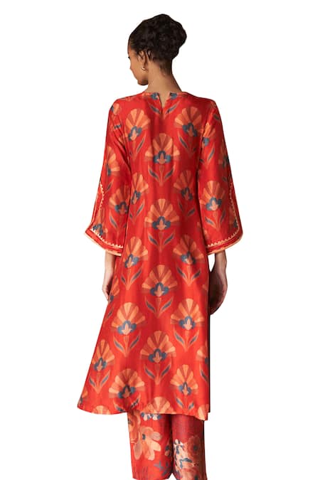 Archana Shah Red Silk Sequins Round Neck Shell Print Kurta And Pant Set Online at Aza Fashions Archana Shah_Red Silk Sequins Round Neck Shell Print Kurta And Pant Set _Online_at_Aza_Fashions