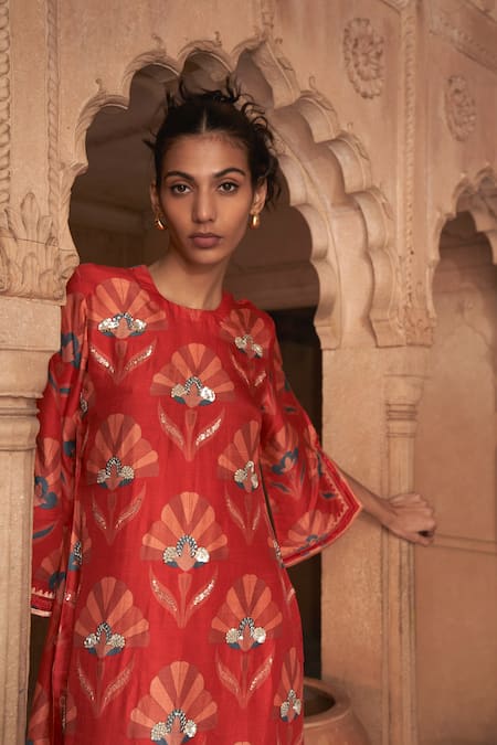 Shop Archana Shah Red Silk Sequins Round Neck Shell Print Kurta And Pant Set Online at Aza Fashions Shop_Archana Shah_Red Silk Sequins Round Neck Shell Print Kurta And Pant Set _Online_at_Aza_Fashions