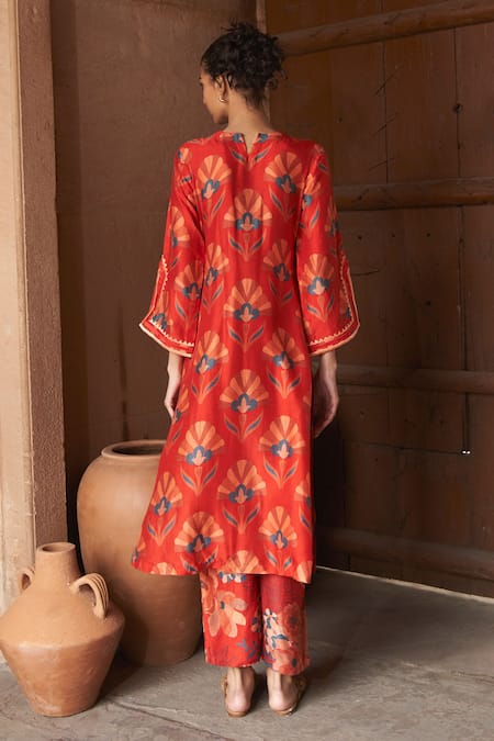 Shop Archana Shah Red Silk Sequins Round Neck Shell Print Kurta And Pant Set at Aza Fashions Shop_Archana Shah_Red Silk Sequins Round Neck Shell Print Kurta And Pant Set _at_Aza_Fashions