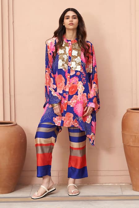 Archana Shah Floral Print Kurta & Striped Pant Set 