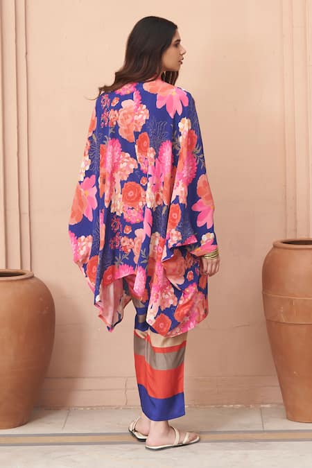 Shop Archana Shah Blue Bamboo Embroidery, Sequins Bandeau Floral Print Kurta And Striped Pant Set at Aza Fashions Shop_Archana Shah_Blue Bamboo Embroidery, Sequins Bandeau Floral Print Kurta And Striped Pant Set _at_Aza_Fashions