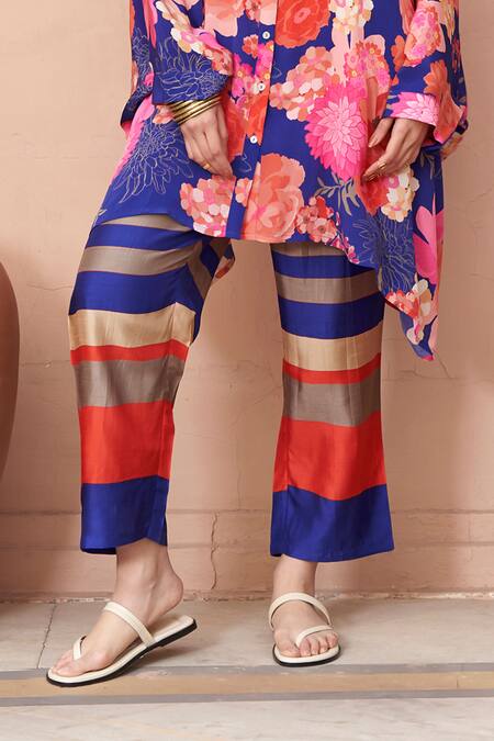 Archana Shah Blue Bamboo Embroidery, Sequins Bandeau Floral Print Kurta And Striped Pant Set Online at Aza Fashions Archana Shah_Blue Bamboo Embroidery, Sequins Bandeau Floral Print Kurta And Striped Pant Set _Online_at_Aza_Fashions