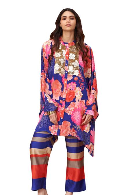 Buy Archana Shah Blue Bamboo Embroidery, Sequins Bandeau Floral Print Kurta And Striped Pant Set Online at Aza Fashions Buy_Archana Shah_Blue Bamboo Embroidery, Sequins Bandeau Floral Print Kurta And Striped Pant Set _Online_at_Aza_Fashions