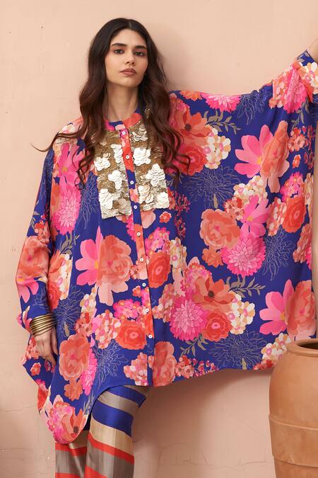 Shop Archana Shah Blue Bamboo Embroidery, Sequins Bandeau Floral Print Kurta And Striped Pant Set Online at Aza Fashions Shop_Archana Shah_Blue Bamboo Embroidery, Sequins Bandeau Floral Print Kurta And Striped Pant Set _Online_at_Aza_Fashions
