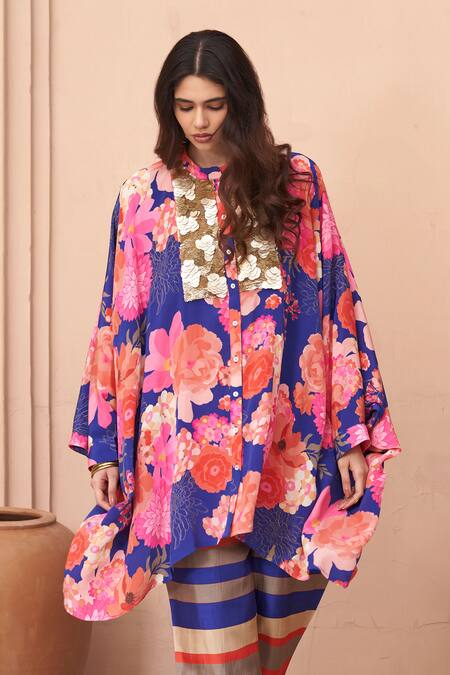 Archana Shah Blue Bamboo Embroidery, Sequins Bandeau Floral Print Kurta And Striped Pant Set at Aza Fashions Archana Shah_Blue Bamboo Embroidery, Sequins Bandeau Floral Print Kurta And Striped Pant Set _at_Aza_Fashions