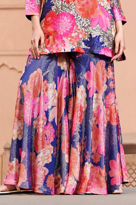 Archana Shah Blue Brocade, Silk Embroidery, Zari Scoop Flower Pattern Kurta And Sharara Set Online at Aza Fashions Archana Shah_Blue Brocade, Silk Embroidery, Zari Scoop Flower Pattern Kurta And Sharara Set _Online_at_Aza_Fashions