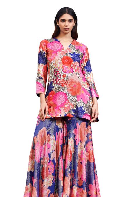 Buy Archana Shah Blue Brocade, Silk Embroidery, Zari Scoop Flower Pattern Kurta And Sharara Set Online at Aza Fashions Buy_Archana Shah_Blue Brocade, Silk Embroidery, Zari Scoop Flower Pattern Kurta And Sharara Set _Online_at_Aza_Fashions