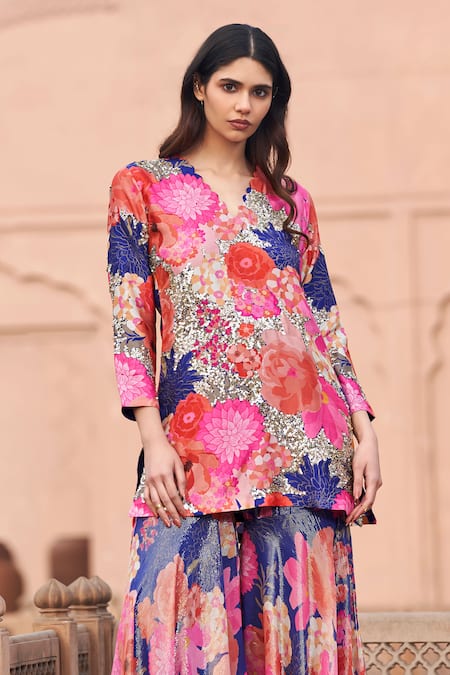 Shop Archana Shah Blue Brocade, Silk Embroidery, Zari Scoop Flower Pattern Kurta And Sharara Set at Aza Fashions Shop_Archana Shah_Blue Brocade, Silk Embroidery, Zari Scoop Flower Pattern Kurta And Sharara Set _at_Aza_Fashions