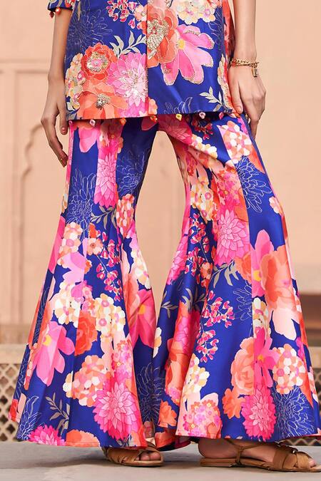 Archana Shah Blue Brocade, Bamboo Embroidery, Zari, Mirrors Flora Print Kurta And Sharara Set Online at Aza Fashions Archana Shah_Blue Brocade, Bamboo Embroidery, Zari, Mirrors Flora Print Kurta And Sharara Set _Online_at_Aza_Fashions