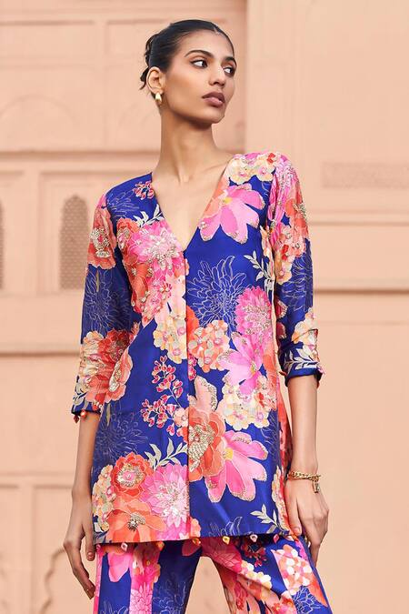 Buy Archana Shah Blue Brocade, Bamboo Embroidery, Zari, Mirrors Flora Print Kurta And Sharara Set Online at Aza Fashions Buy_Archana Shah_Blue Brocade, Bamboo Embroidery, Zari, Mirrors Flora Print Kurta And Sharara Set _Online_at_Aza_Fashions