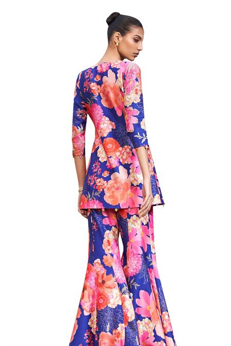 Shop Archana Shah Blue Brocade, Bamboo Embroidery, Zari, Mirrors Flora Print Kurta And Sharara Set Online at Aza Fashions Shop_Archana Shah_Blue Brocade, Bamboo Embroidery, Zari, Mirrors Flora Print Kurta And Sharara Set _Online_at_Aza_Fashions