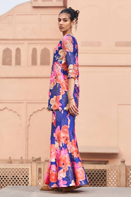Archana Shah Blue Brocade, Bamboo Embroidery, Zari, Mirrors Flora Print Kurta And Sharara Set at Aza Fashions Archana Shah_Blue Brocade, Bamboo Embroidery, Zari, Mirrors Flora Print Kurta And Sharara Set _at_Aza_Fashions