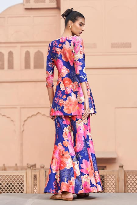 Shop Archana Shah Blue Brocade, Bamboo Embroidery, Zari, Mirrors Flora Print Kurta And Sharara Set at Aza Fashions Shop_Archana Shah_Blue Brocade, Bamboo Embroidery, Zari, Mirrors Flora Print Kurta And Sharara Set _at_Aza_Fashions