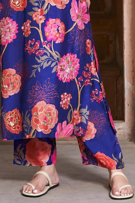 Archana Shah Blue Embroidery, Sequins Round Neck Floral Digital Print Kurta And Pant Set Online at Aza Fashions Archana Shah_Blue Embroidery, Sequins Round Neck Floral Digital Print Kurta And Pant Set _Online_at_Aza_Fashions